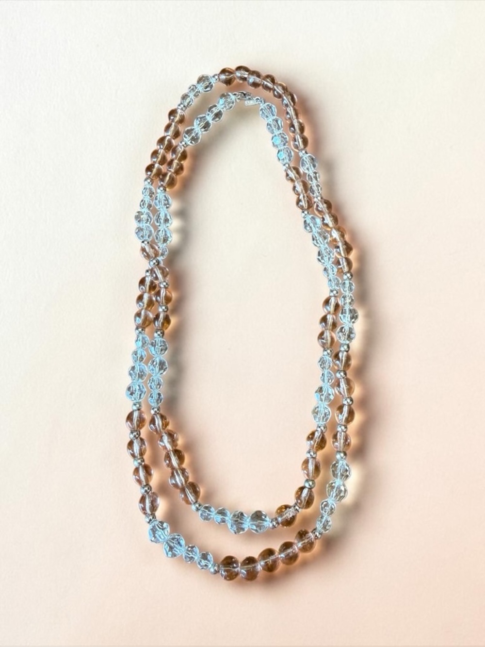 Vintage Monet 36” Beaded Necklace Champagne Clear Crystal Silver Layering